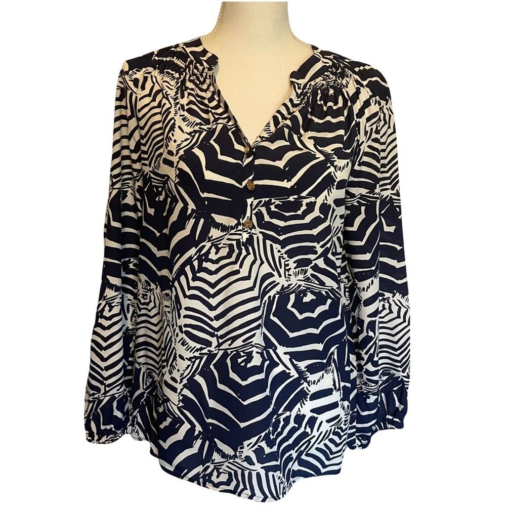 Lilly Pulitzer Navy and Ivory 100% Silk Popover Blouse Gold Buttons Small